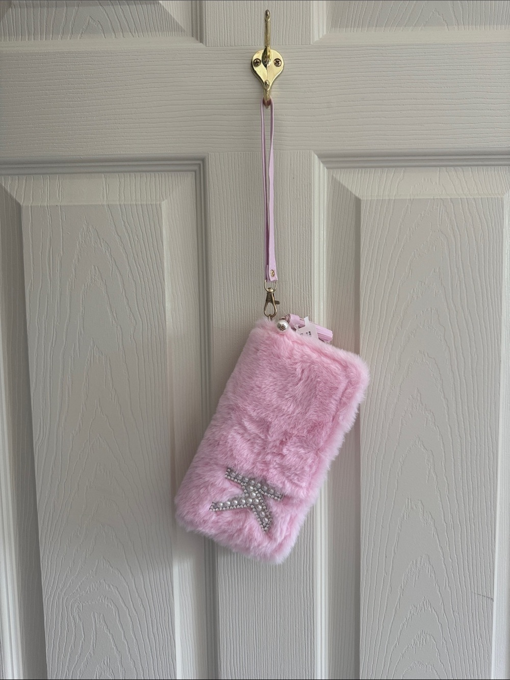 Claire's Pink Faux Fur Wristlet with Rhinestone Star Accent